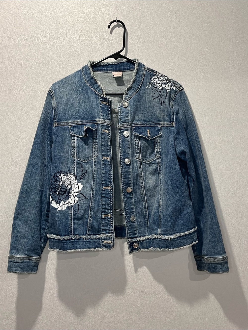 Chico's Blue Denim Jacket with White Floral Embroidery